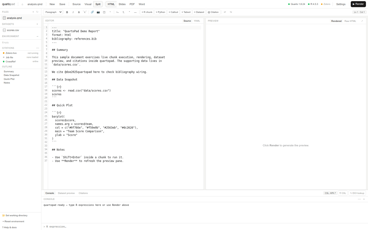 QuartoPad showing a Quarto document, rendered preview, dataset view, and plot output
