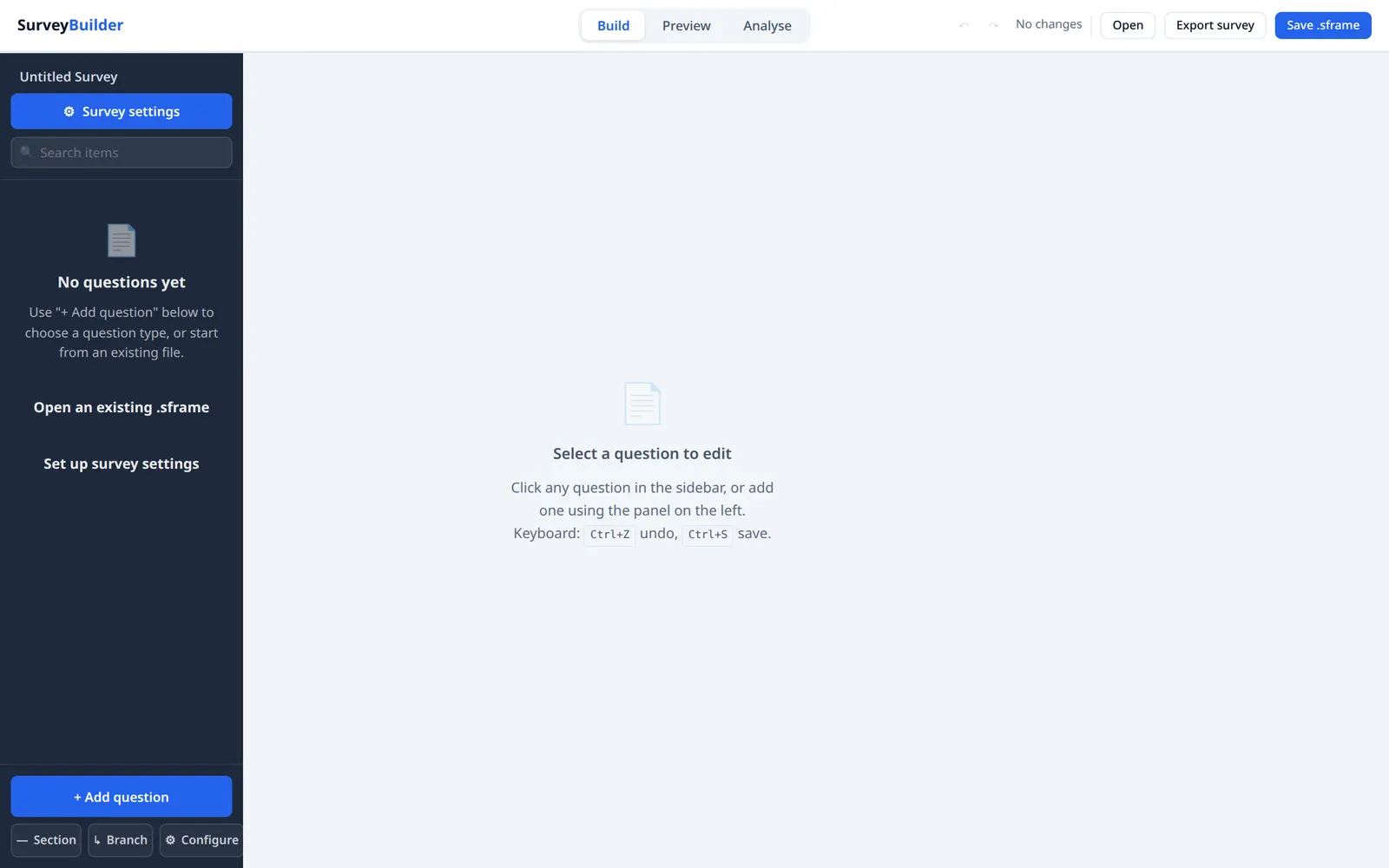 surveyframe screen: start a questionnaire, or open one.