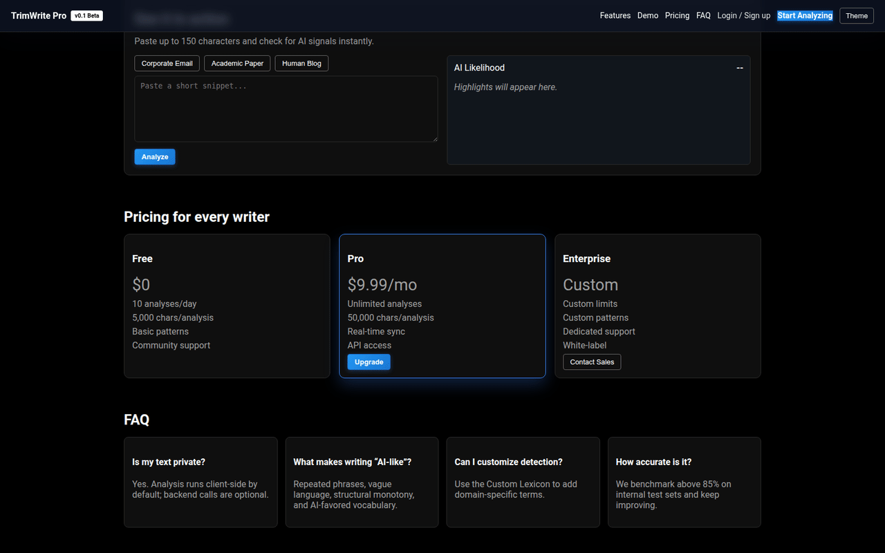 TrimWrite showing its demo analyser and product interface