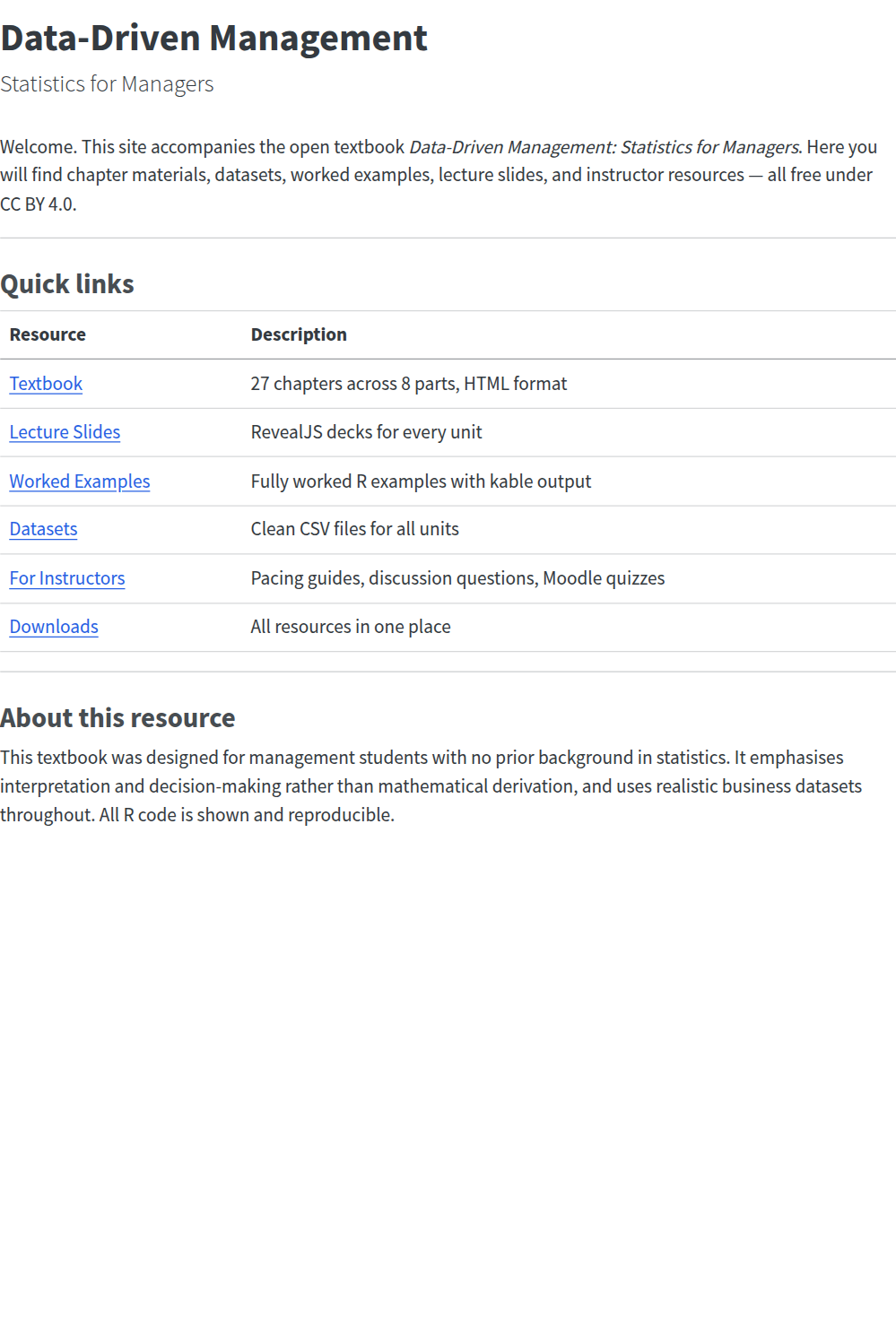 DDMM companion site overview with quick links to the textbook, slides, examples, datasets, instructor resources, and downloads